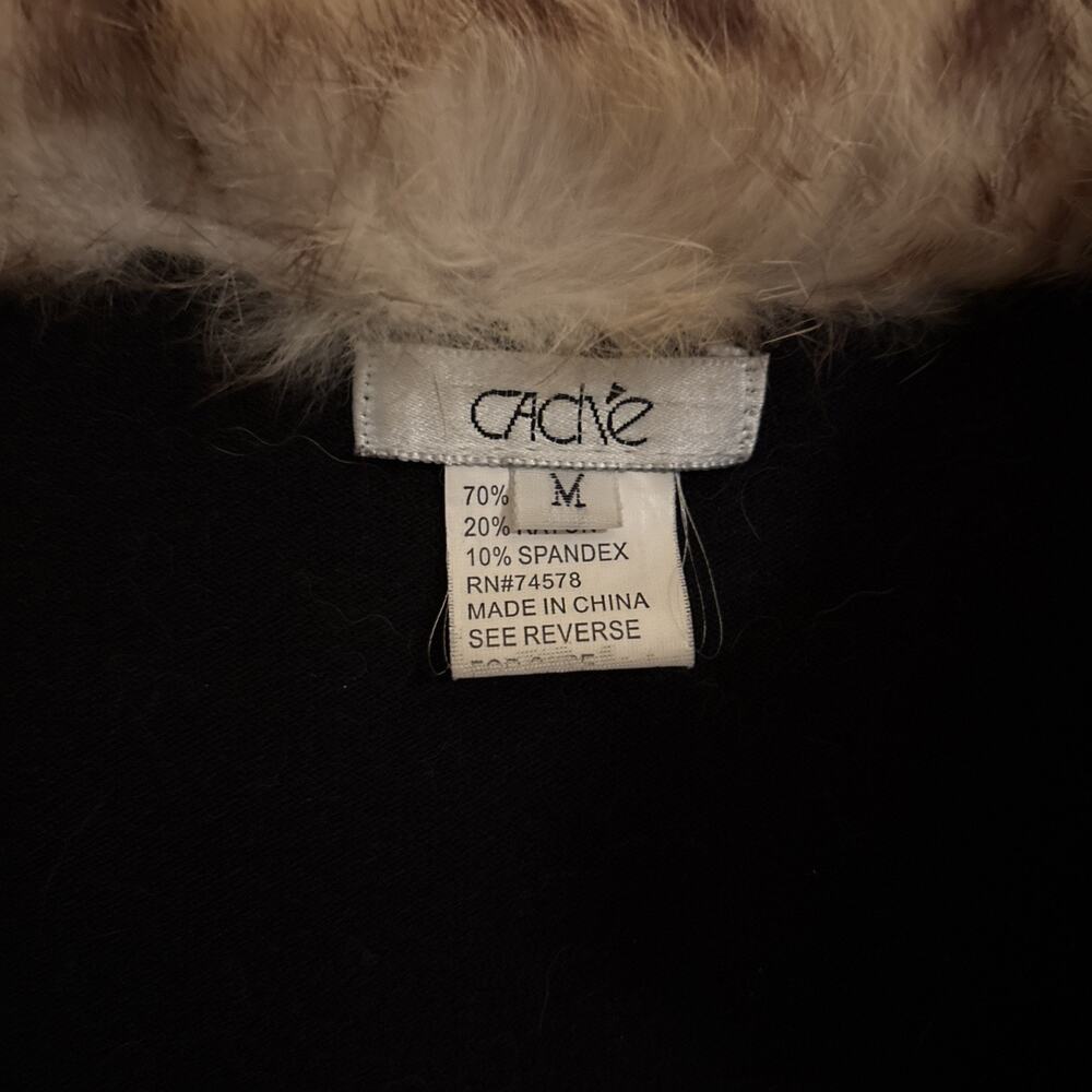 Vintage Cache Black Zip Up Button Sweater Real Fur Collar Women Sz M Silk Blend - Picture 8 of 14